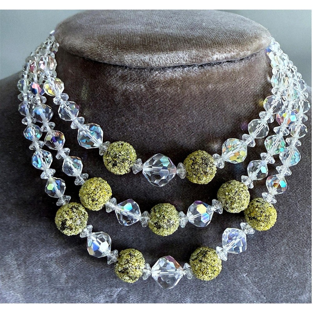 AB Glass Sugar Bead Multi‑Strand Necklace Vintage Sparkle 12" Choker, Extender